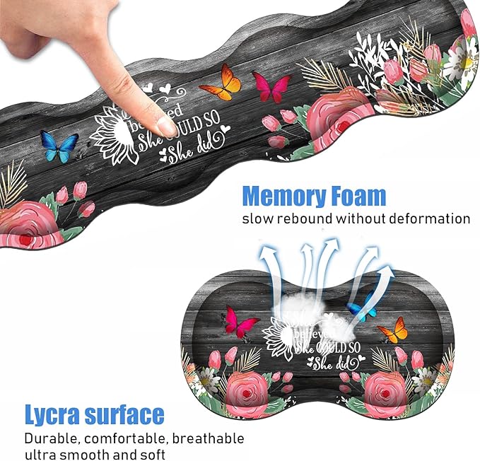 Ergonomic Keyboard Wrist Rest and Mouse Pad Wrist Rest Set Large XXL Gaming Desk Mat 31.5x 11.8Non-Slip Base Memory FoamEasy Typing Pain Relief Floral Quote She Believed She Could So She Did