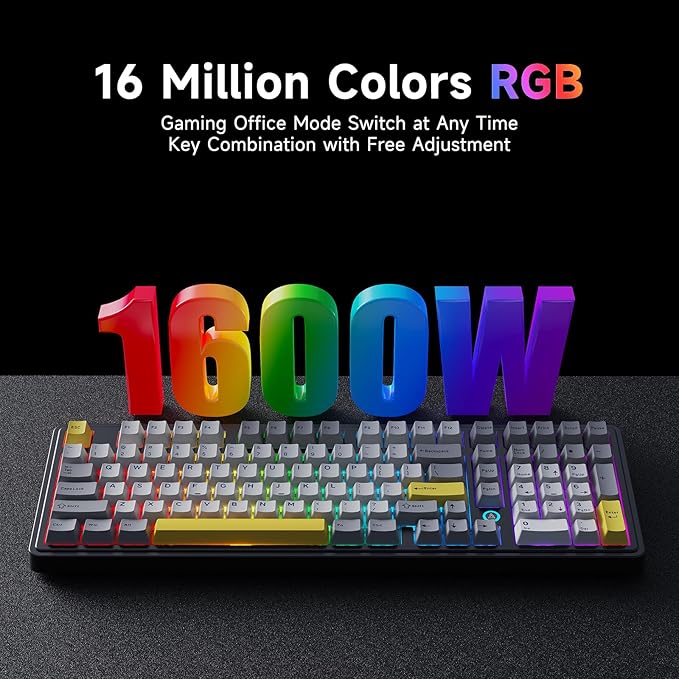 NACODEX AK980 Wired Mechanical Gaming Keyboard 98% Gasket Hot Swappable Keyboard with RGB Backlit PBT Keycaps Five-Layer Padding 101 Keys Gaming Keyboard Gray White Yellow