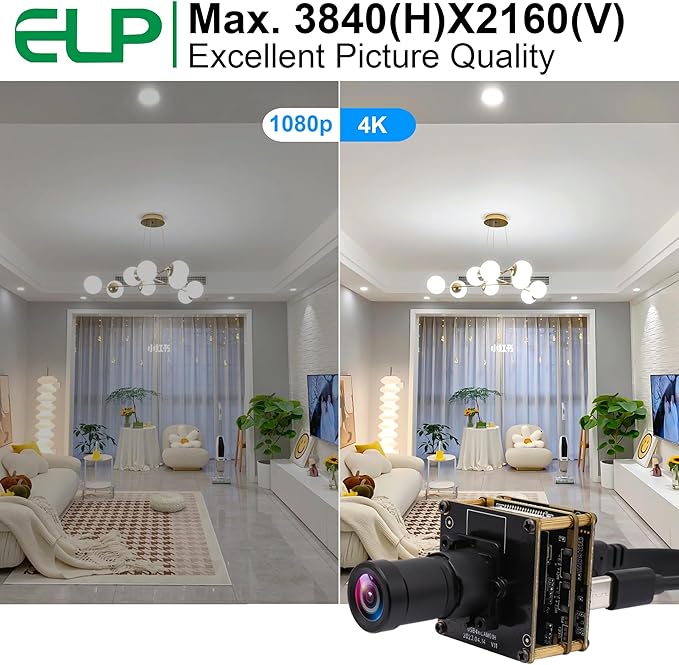 ELP 4K USB HDMI Camera Module Night Vision PC Camera for Computer Monitor with Simultaneous 2X Digital Zoom and 8mp Resolution Ideal for Security and Laser Engraver Applications