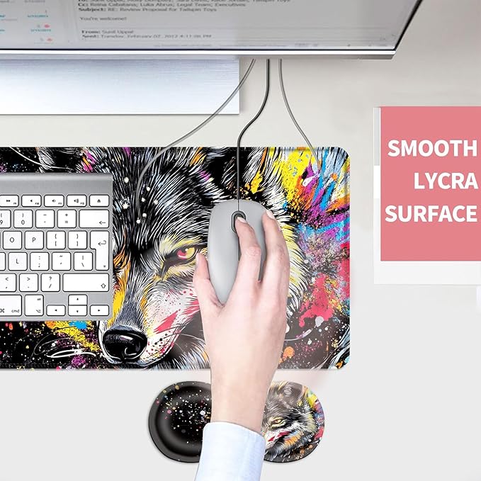 Mouse PadLarge Desk Mat Set 4in1 XL Mousepad + Keyboard Wrist Rest+Mouse Wrist Rest+Coaster with Ergonomic Desk Pad for Home Office Table Computer Cover -Colorful Splatter Wolf