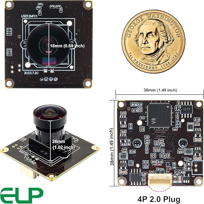 ELP 1080P 120fps USB Fisheye Camera Module for Computer 12MP PC Camera Wide Angle Web Camera for Desktop Computer Industrial Embedded USB Security Camera Mini Lightburn Camera for Raspberry Pi