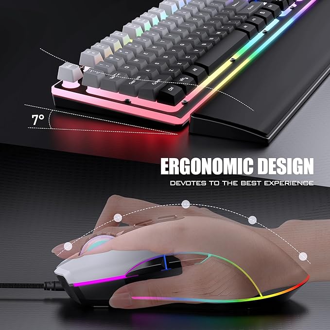 RedThunder K10 Wired Gaming Keyboard Mouse Wrist Rest Combo RGB Backlit Mechanical Feel Anti-ghosting Keyboard + 7D 7200 DPI Mice+Soft Leather Wrist Rest 3 in 1 PC Gamer Accessories(Gradient Gray)