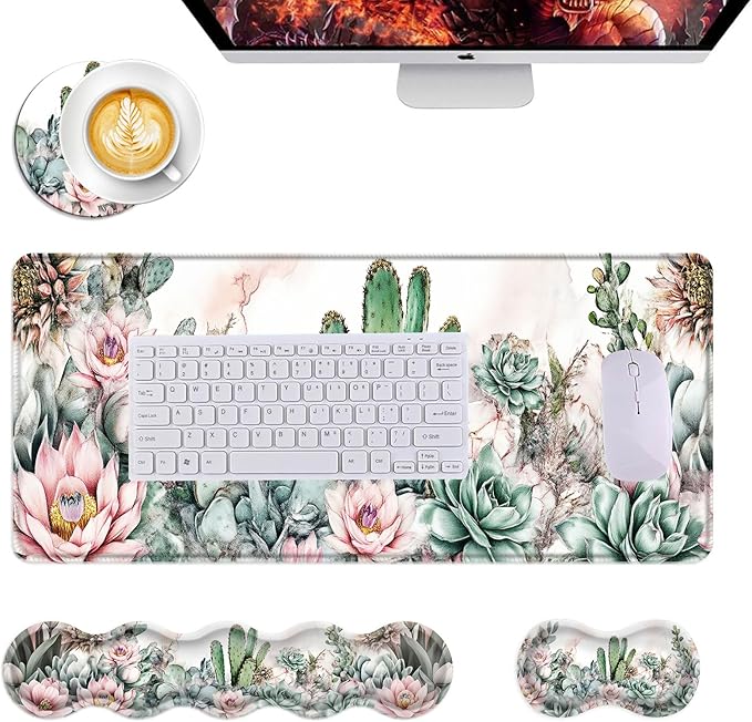 Mouse PadLarge Desk Mat Set 4in1 XL Mousepad + Keyboard Wrist Rest+Mouse Wrist Rest+Coaster with Ergonomic Desk Pad for Home Office Table Computer Cover -Cacti Succulents with Flowers