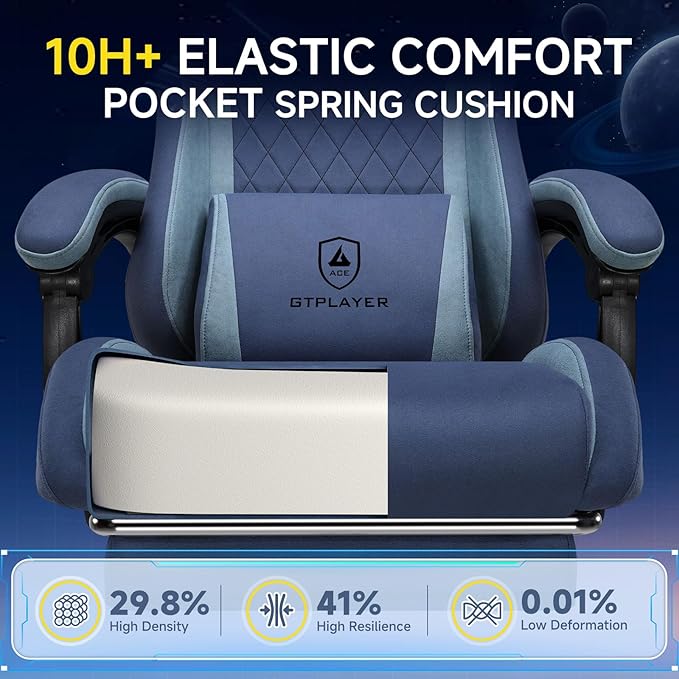 GTPLAYER Gaming Chair Video Game Chairs with Footrest and Lumbar Support Computer Chair for Adults with Extended Backrest Ergonomic Reclining Silla Gamer Fabric Dark Blue
