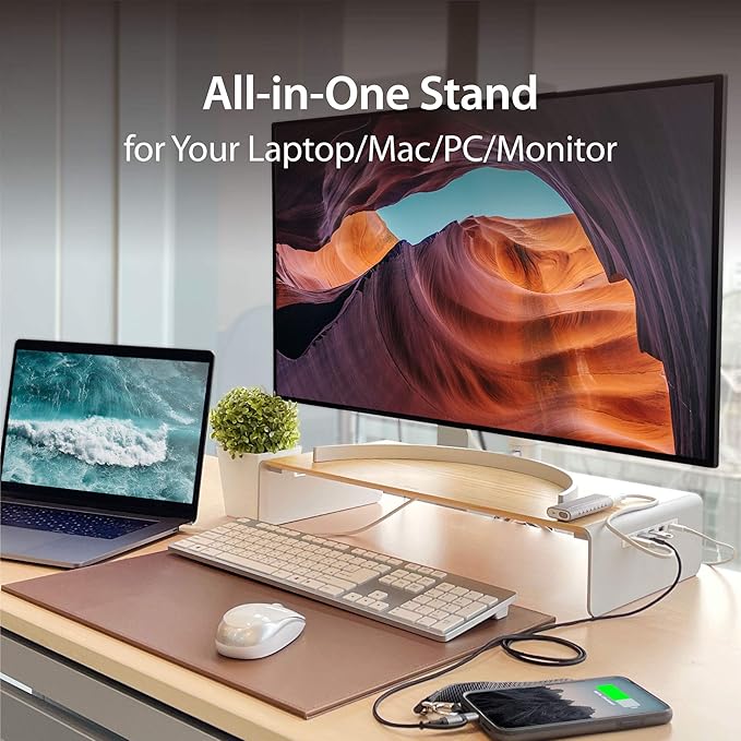 j5create Wooden Monitor Stand with USB Type C/HDMI Docking Station - USB 3.1 C to C Cable Included - Handmade Wood Panel with Aluminum Riser for Computer Screens Laptops TV
