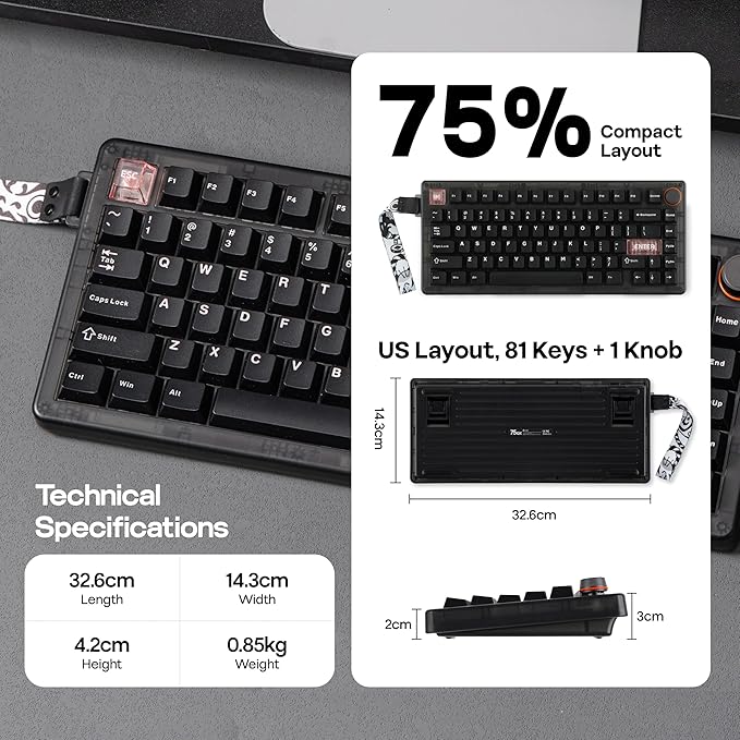 MechLands CIDOO QK75 VIA Programmable 75% Compact Keyboard USB-C/BT5.0/2.4Ghz Wireless Hot Swappable Custom Mechanical Keyboard with Gasket Mounted PC Plate 4000mAh Battery for Win/Mac (Black)