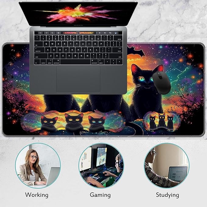 Keyboard Wrist Rest and Mouse Pad Set31.5x11.8 Inches Desk MatWaterproof Non-Slip Ergonomic Wrist Support for Pain ReliefExtended Desk Protector for Office Home GamingCute Black Cats