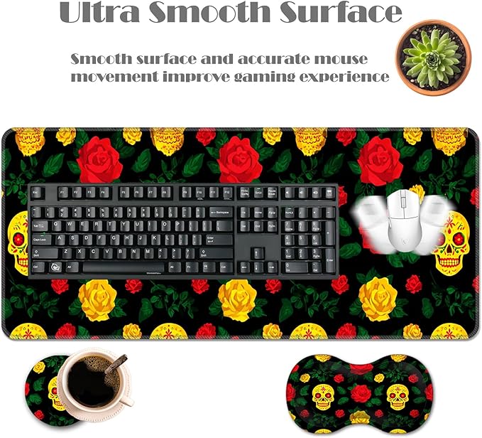 Ergonomic Keyboard Wrist Rest &amp Mouse Pad Wrist Rest SetXL Gaming Desk Mat 31.5x 11.8Non-Slip BaseMemory FoamEasy Typing Pain Relief for Office &amp HomeSugar Skull and Roses