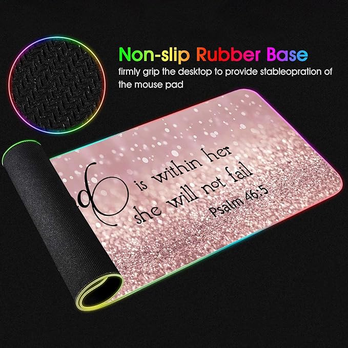 RGB Gaming Mouse Pad with Coffee Coaster XXL Large Glowing LED Mousepad Anti-Slip Rubber Base Computer Keyboard Desk Mouse Mat 31.5 X 11.8 Inch - Quote Bible Verse Psalm 46:5