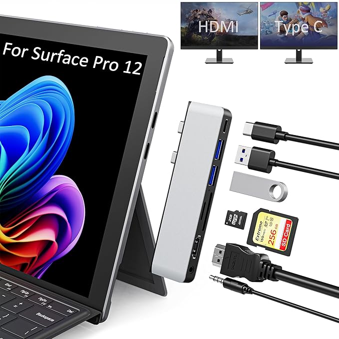 Surface Pro 12 Docking Station Surface Pro 12 Accessories with 4K HDMI Thunerbolt 4 Hub (4K@60Hz Display+ 40Gbps Data+ 100W Charging) 2 USB3.0 SD/TF 3.5mm Audio for Surface Pro 12 inch 2025