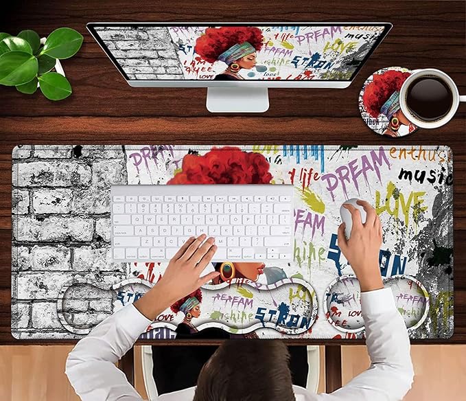 African Black Woman Graffiti Girls Desk Mat Extended White Laptop Table Protector Ergonomic Mouse Pad with Keyboard Wrist Rest Support