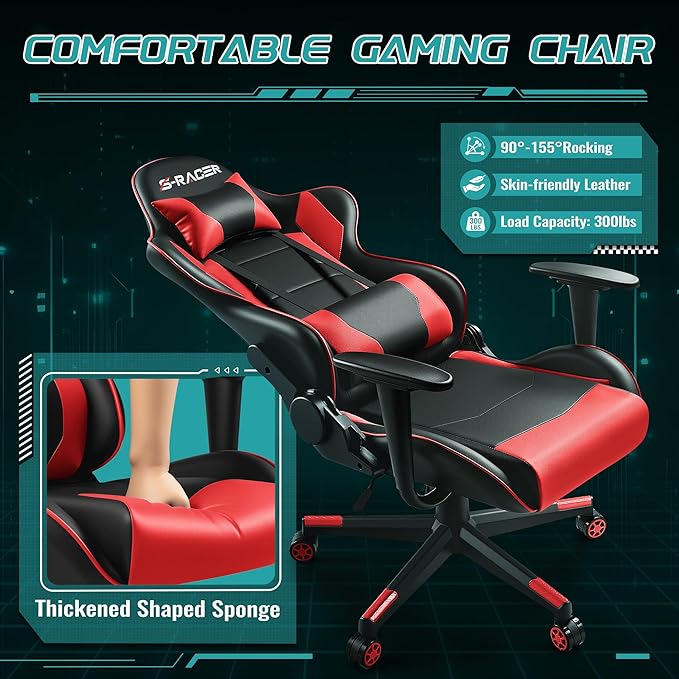 Furniwell Gaming Chair - High Back Computer Desk Chair with Headrest and Lumbar Support (Red)