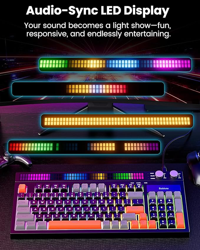 SABLUTE Keyboard Gaming - Audio-Sync RGB Light Strip 19-Key Anti-Ghosting Dual Control Knobs Adjustable Stand Ultra-Low Latency Quiet Mechanical Feel for PC Gamers（Black