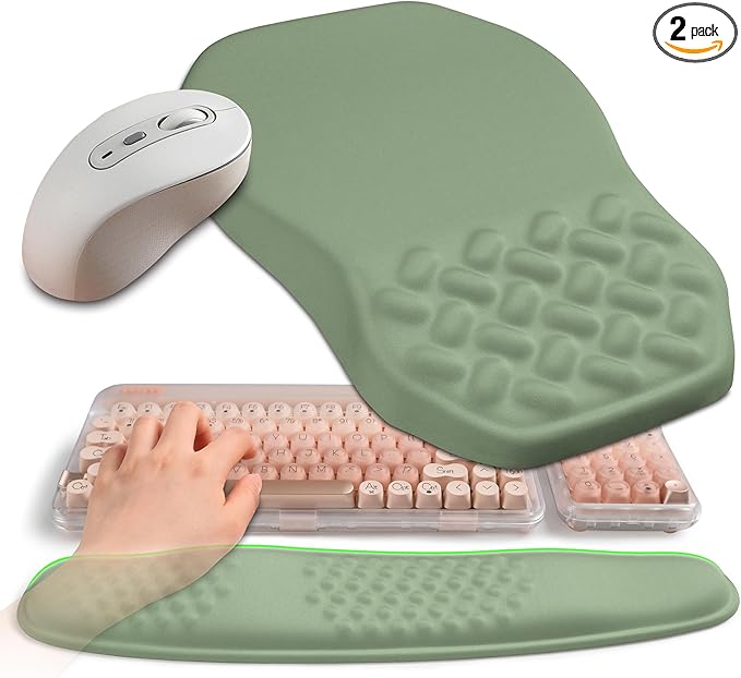 2-in-1 Ergonomic Set Wave Keyboard Wrist Rest and Massage Slope Mouse Pad Wrist Support Rebound Memory Foam for Relieve Carpal Tunnel Syndrome and Wrist Pain (Olive Green)