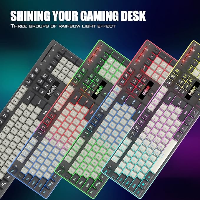 RedThunder K10 Wireless Gaming Keyboard and Mouse Combo LED Backlit Rechargeable 3800mAh Battery Mechanical Feel Anti-ghosting Keyboard + 7D 3200DPI Mice for PC Gamer (White-Gray)
