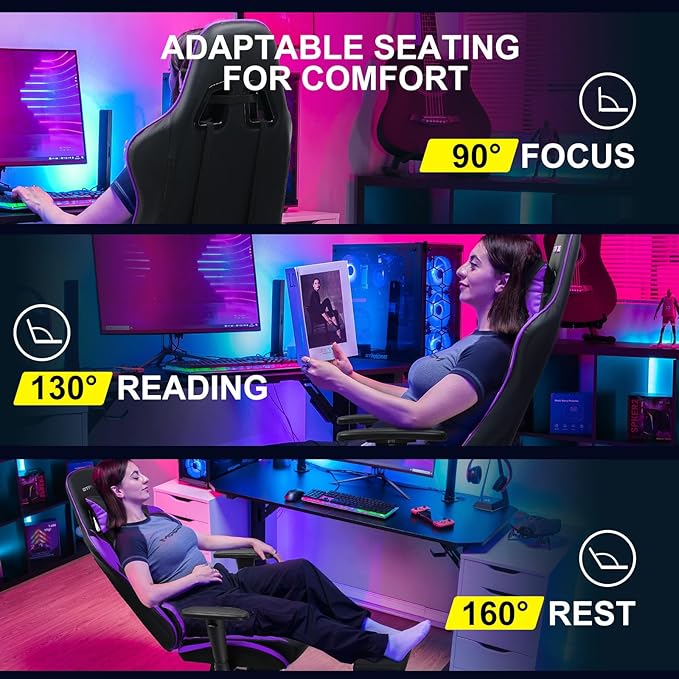 GTPLAYER Gaming Chair with Footrest Ergonomic Computer Game Desk Chair Reclining Game Chair Seat Height Adjustment Swivel Rocker with Headrest and Lumbar (Purple)