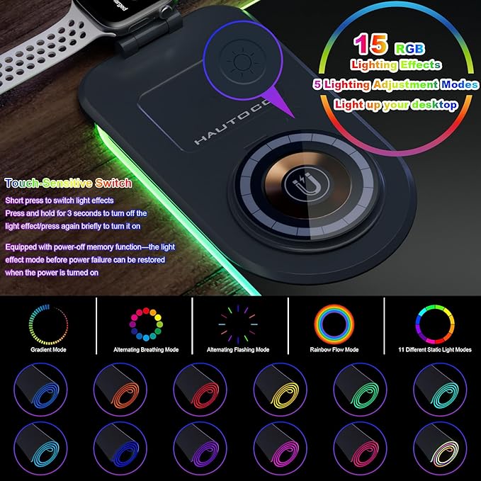 HAUTOCO Wireless Charging Mouse Pad 15W RGB Gaming Mousepad Waterproof Desk Mat with Phone Holder 35.4''x11.8'' Extra Large Desk Pad Non-Slip Base Computer Keyboard Mat for PC Laptop Black