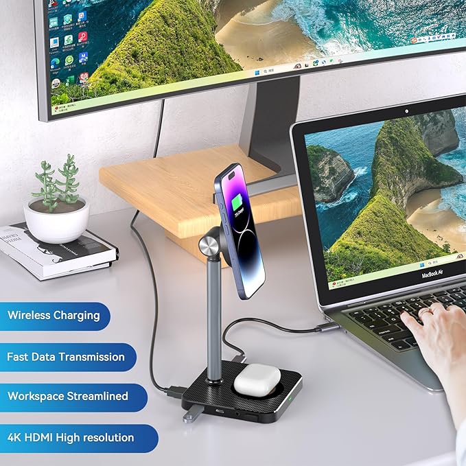 Laptop Docking Station 10-in-1 with Wireless Charger Phone Stand USB-C Hub for MacBook/Dell/HP Laptops(with USB-C Port 3.0 or higher) Cordless Charging Stand for iPhone 12/13/14/15/16 Series/AirPods