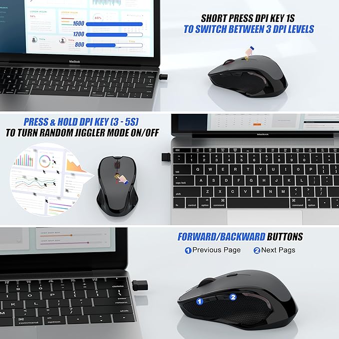 Bluetooth Wireless Laptop Mouse for MacBook Air Pro iPad Mac Ergonomic Rechargeable Mouse with Jiggler Mode 2 Mode Bluetooth &amp 2.4G USB-A/USB-C Receiver Silent Optical Computer Mice Grey