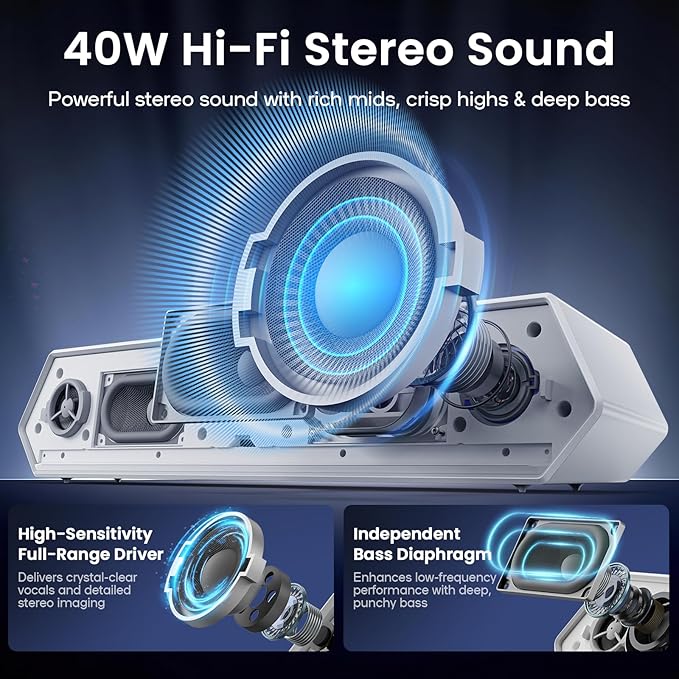 Deeyaple Computer Speakers 40W PC Speakers for Desktop Monitor with Bluetooth 5.3 &amp USB Audio HiFi Stereo Gaming Soundbar with Custom EQ Software Dynamic RGB Lighting for Laptop PS4 PS5 Whit