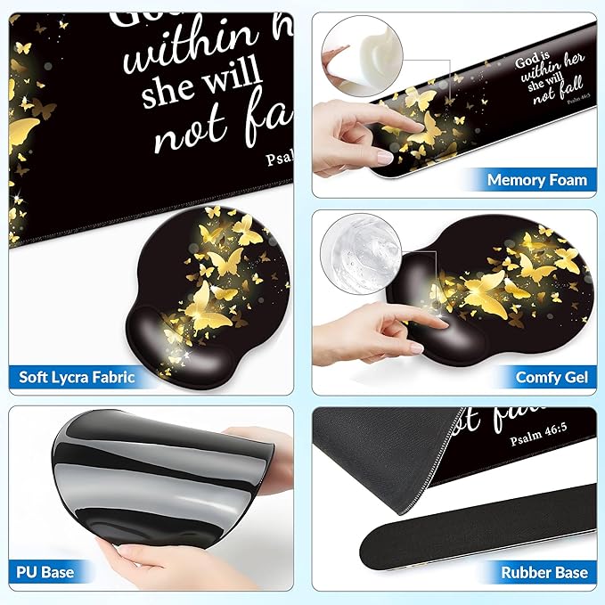 Desk Mat Set + Keyboard and Mouse Pad with Wrist Rest Support4-in-1 Large Mousepad Computer Mats for Desktop Home &amp Office-Golden Butterflies