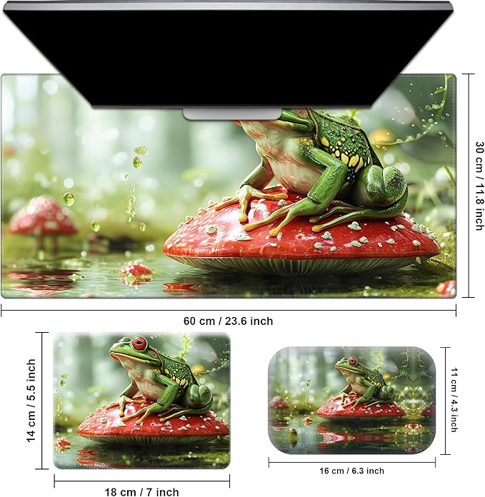 Mushroom Cute Frog Desk Mat - Large Game Mouse Pad + Wrist Rest Ergonomic Anti-Slip Memory Foam for Home Office Gaming (23.611.8in)