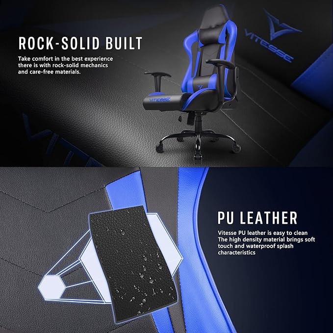 PUKAMI Gaming Chair High Back Gaming Chair for Teens Ergonomic Racing Chair Computer Desk Chair with Massage Lumbar Support and Headrest Girl Gamer Chair with Height Adjustable (Blue)