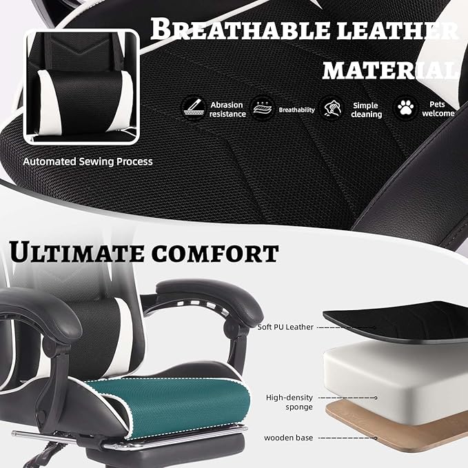 Gaming Chair with Footrest &amp Massage Comfortable Game Chair for Adults Gaming Desk Chairs with Headrest and Lumbar Cushion for Work and Study Adjustable Height Ergonomic (Black+White)