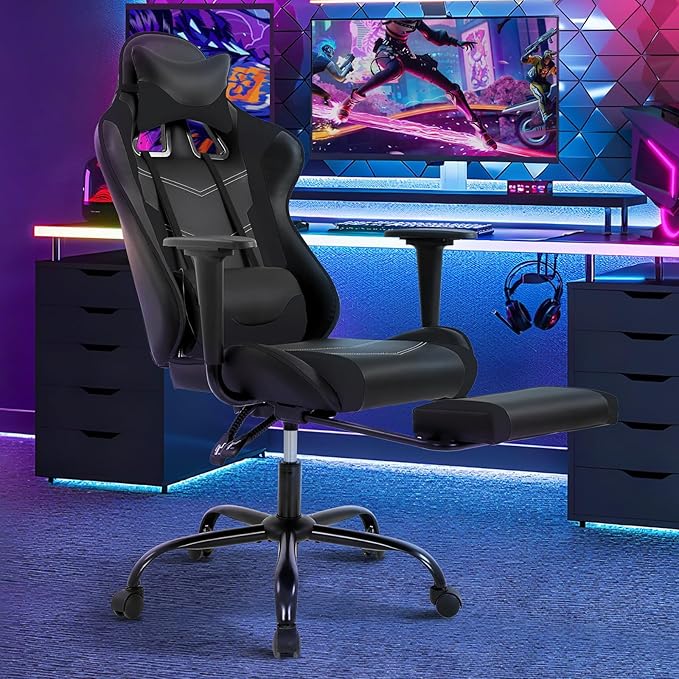 Gaming Chair Ergonomic Office Chairs PU Leather High-Back Computer Chair with Footstool and Lumbar Support360°Swivel Game Chairs with Headrest for Office &amp GamingBlack (Black)