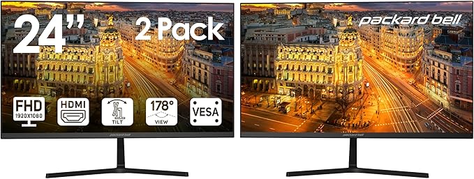 Packard Bell AirFrame 24  FHD Monitor 1920x1080 Ultrawide VESA Mount Tilt Adjust HDMI/VGA Slim Bezel for Home Office and Light Gaming - 2 Pack