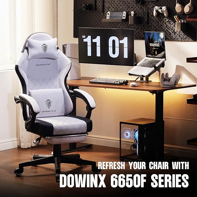 Dowinx Fabric Gaming Chair Ergonomic Computer Chair with Footrest and Pocket Spring Cushion Height Adjustable Video Gamer Chair with Lumbar Support for Adults White Grey