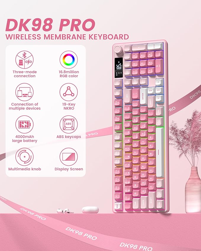 Keymatic Gaming Keyboard Wireless Creamy Keyboard with Media Knob &amp Screen Cute Keyboard Mechanical Feeling Membrane Keyboard with Number Pad RGB Backlit Tri-Mode BT/2.4GHz/USB-C - Pink