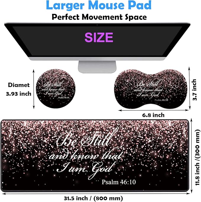 3 Piece Mouse Pad Set with Stitched Edge Large Anti-Slip Mouse Pad Desk Pad Keyboard Pad + Wrist Rest Pad + Coaster Memory Foam Wrist Rest for Office/Home - Rose Gold Glitter Black Psalm46:10