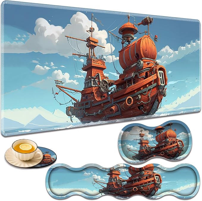 Gaming Mouse Pad Set Large Gaming Mouse Pad+Keyboard Wrist Rest+Mouse Wrist Rest+Coaster Easy Typing Pain Relief 31.5 × 11.8 inch Desk Mat for Home Office - Cartoon Ship