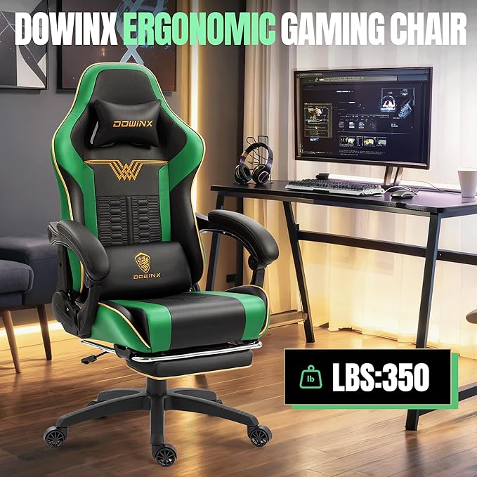 Dowinx Gaming Chair Big and Tall 350LBS Heavy Duty PC Gaming Chair with Massage &amp Footrest Ergonomic Reclining Gamer Chair with Embroidered Esports Design Green
