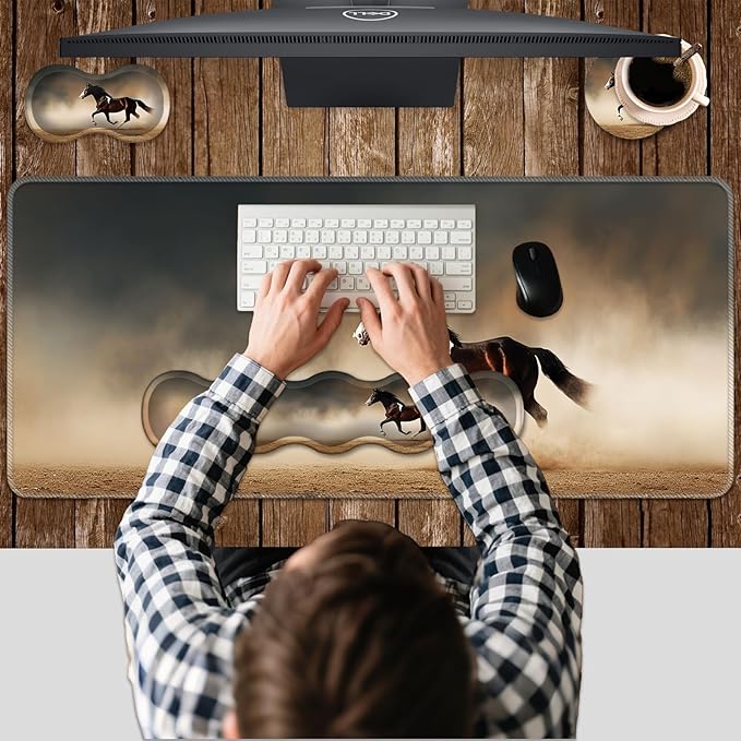 Ergonomic Keyboard Wrist Rest &amp Mouse Pad Wrist Rest SetXL Gaming Desk Mat 31.5x 11.8Non-Slip BaseMemory FoamEasy Typing Pain Relief for Office &amp HomeHorse Running