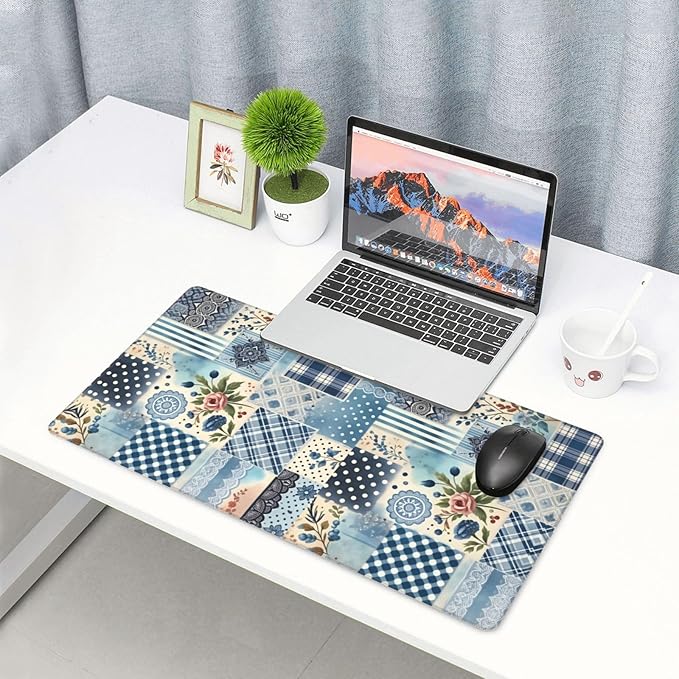 Vibrant Blue White Floral Bohemian Desk Cover MatExtended Large Mouse PadComputer Laptop Mat Desk Decor for Office Game Home 30x16 Inch
