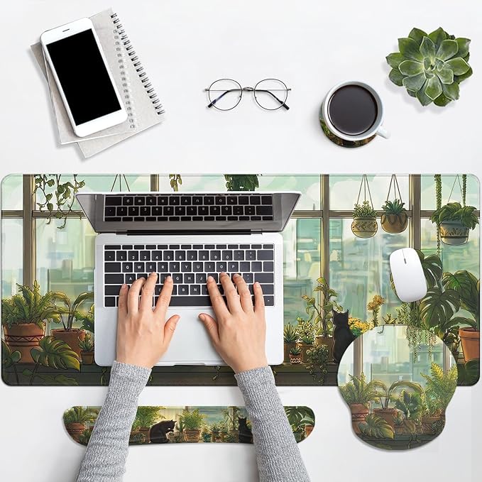Britimes Cute Cat Keyboard Mouse Pad Set Green Plants 4in1 Large Mousepad+Keyboard Wrist Rest+Mouse Wrist Rest+Coaster Ergonomic Design for Home Office Computer 35.4x15.7 inches