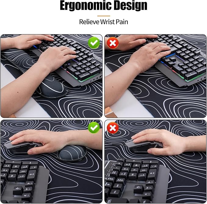 Bloss Large Gaming Mouse Pad XL Desk Mat 4-in-1 Mouse Pad with Wrist Rest Large Desk Pad Keyboard Pad for Office/Home-Black and White Topography (31.5 x 15.7 x 0.12 Inches)