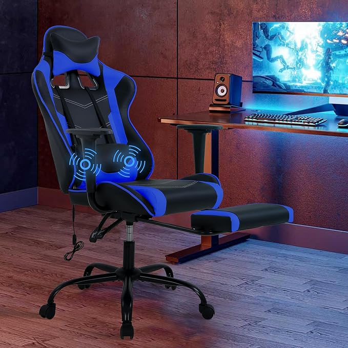 PC Gaming Chair Massage Racing Chair Ergonomic High-Back Office Chair PU Leather Computer Chair with Lumbar Support Retractable Footrest Armrest Headrest Height Adjustable Rolling Swivel Desk Chair…