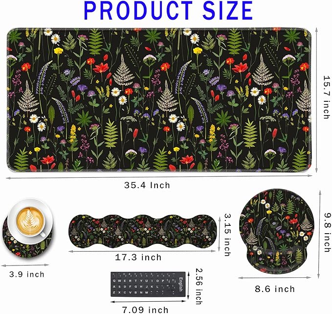 Mouse PadLarge Pink Desk Mat 4in1 XXL Mousepad + Keyboard Wrist Rest+Mouse Wrist Rest+Coaster Set with Ergonomic Desk Pad for Home Office Table Computer-Cute Flowers