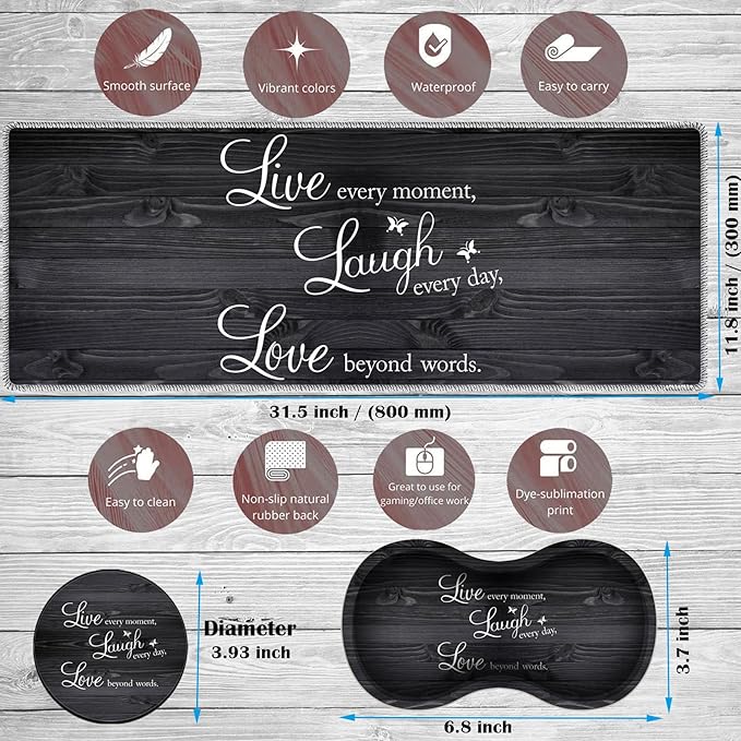 Large Game Mouse Pad + Wrist Support Pad + Coffee Coaster Quote Live Love Laugh Foldable Table Mat with Stitched Edge Non-Slip Set Pad Suitable for Office Work and Home