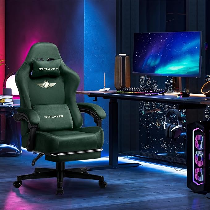 GTPLAYER Gaming Chair Fabric with Pocket Spring Cushion Big and Tall Gamings Chairs 350LBS High Back Computer Chair with Footrest for Adults Lumbar Support Swivel Game Chair for Office Gaming Green