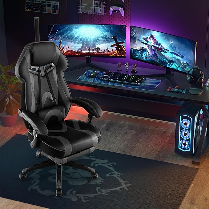 Giantex Gaming Chair with Footrest for Adults Reclining Video Game Chair w/Lumbar Support Racing Style Ergonomic Office Computer Chair Height Adjustable Swivel Gamer Chair for Gaming (Grey)