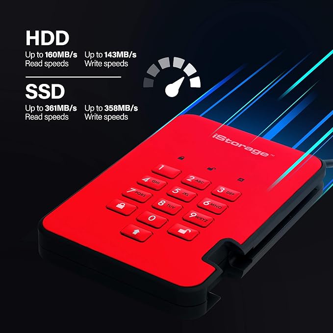 iStorage diskAshur2 HDD 3TB Red | Secure portable hard drive | Password protected | Dust &amp water resistant | Hardware Encryption