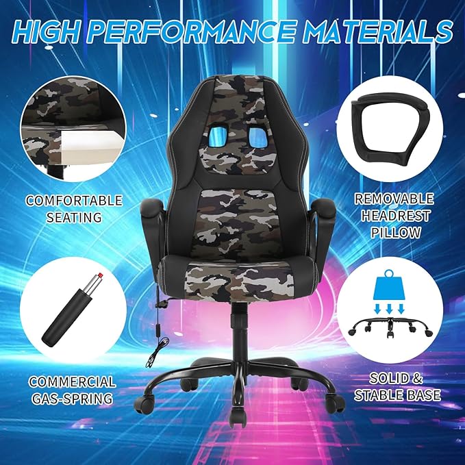 Video Gaming Chair with Massage Function Ergonomic Computer Desk Chairs Home Office Desk Chair with Lumbar Support Adjustable Height Swivel Wheels Camo