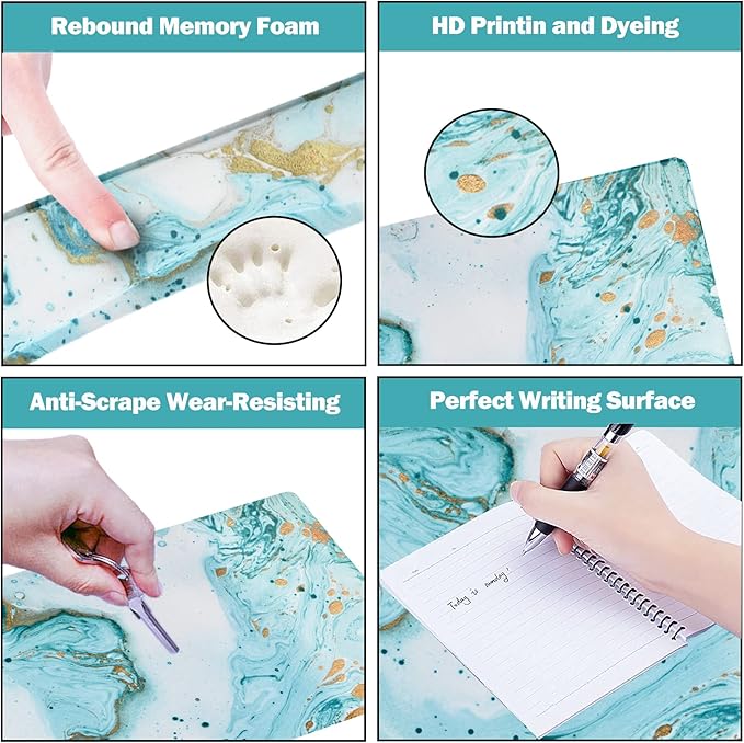 ARTSO Large Gaming Mouse Pad Keyboard Wrist Rest Pad &amp Wrist Support Mousepad Set Stitched Edge Extended Non-Slip Base Memory Foam Desk Mat 4pcs for Office &amp Home Teal Turqoise Marble