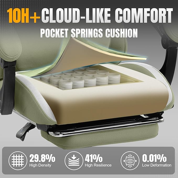 GTPLAYER Gaming Chair with Foot Rest &amp Pocket Spring Cushion Ergonomic High Back Computer Desk Chair with Headrest &amp Lumbar Support for Back Pain Relief Breathable Fabric Green