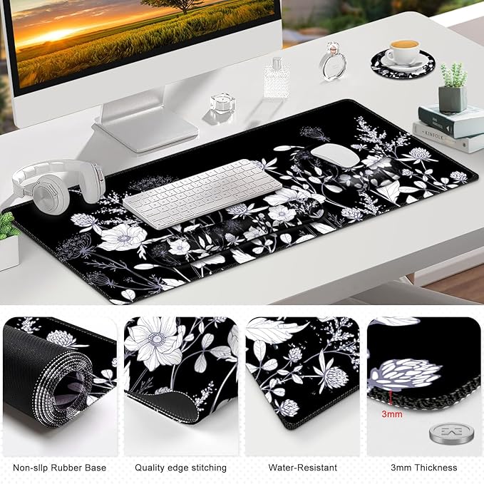Gaming Mouse Pad Large Desk Mat Cute Desk Pad Protector 4in1 XXL Mousepad + Keyboard Wrist Rest+Mouse Wrist Rest+Coaster Set with Ergonomic Desk Pad for Home Office PC Computer Black White Flowers