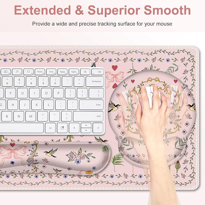 Romantic Pink Floral Mouse Pad XXL Large Desk Mat Extended Reading Desk pad 4PCS Non-Slip Rubber Base Computer Big Mousepads for Work Game Office Home Decor Gifts Accessories I Cute Collection